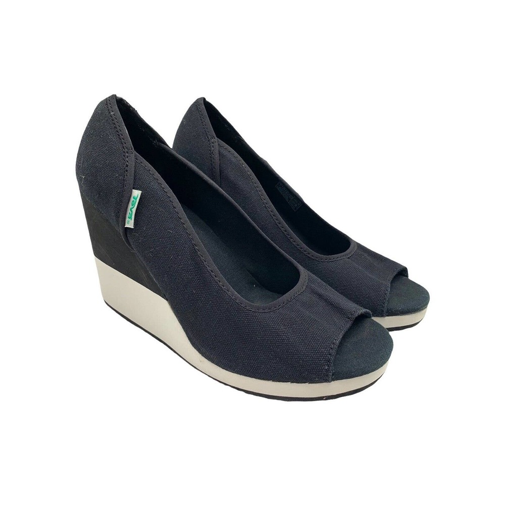 Teva Mush Promenade Peep Toe Wedge Sandal Sz 7 M Navy Blue Comfort Shoe Platform